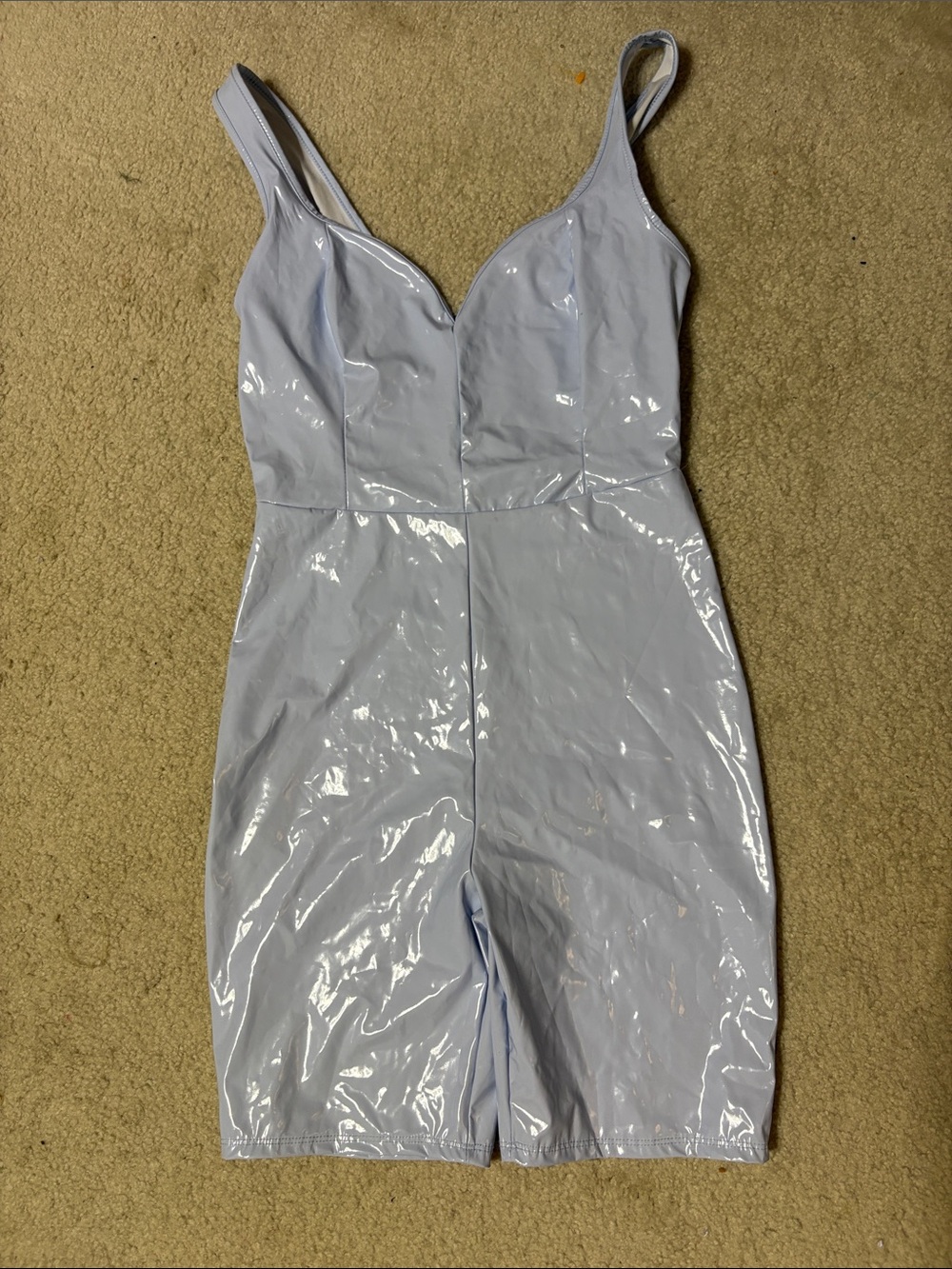 Glossy Light Blue Fashion Nova Vinyl Romper. Size s